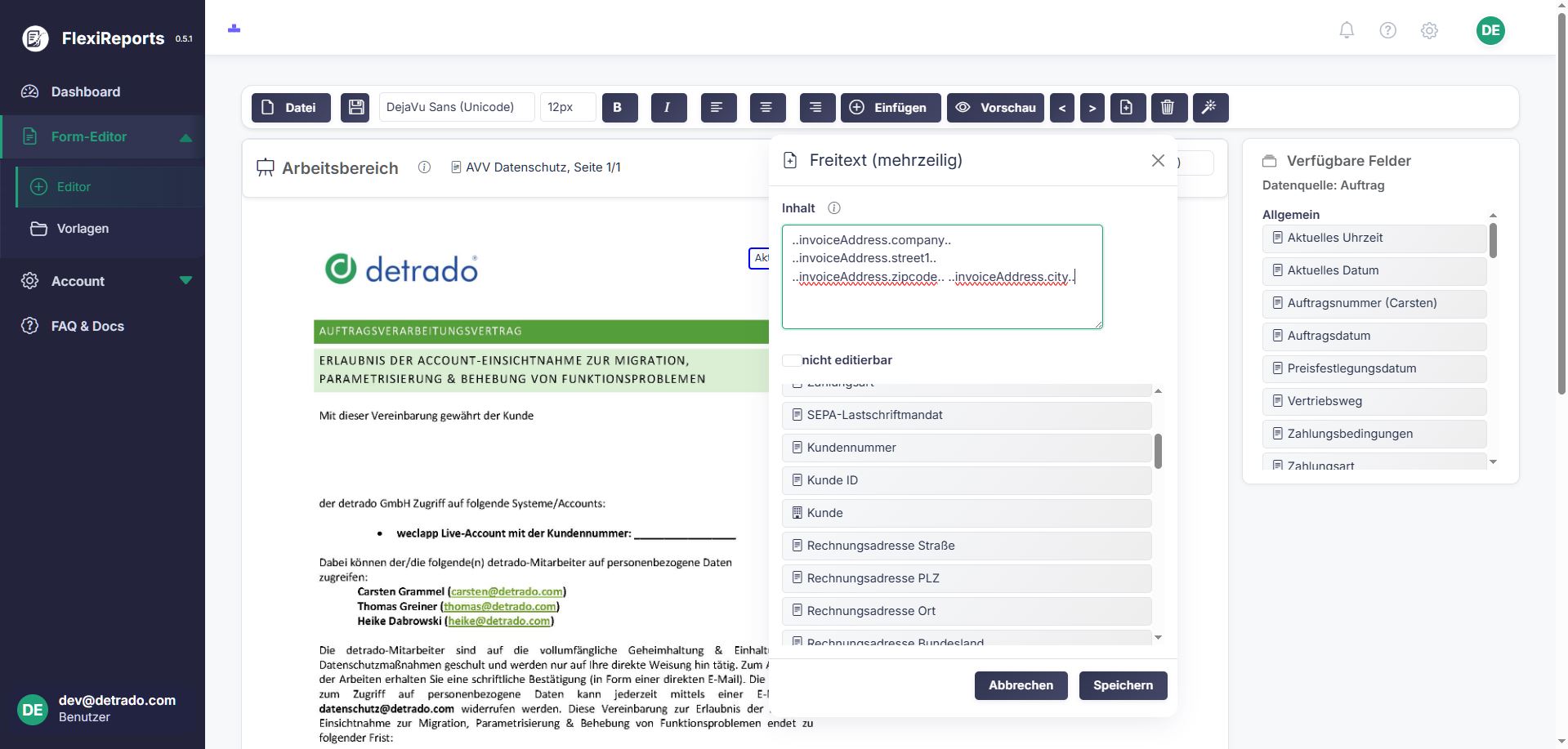 Form-Editor mit Freitext und weclapp-Feldern